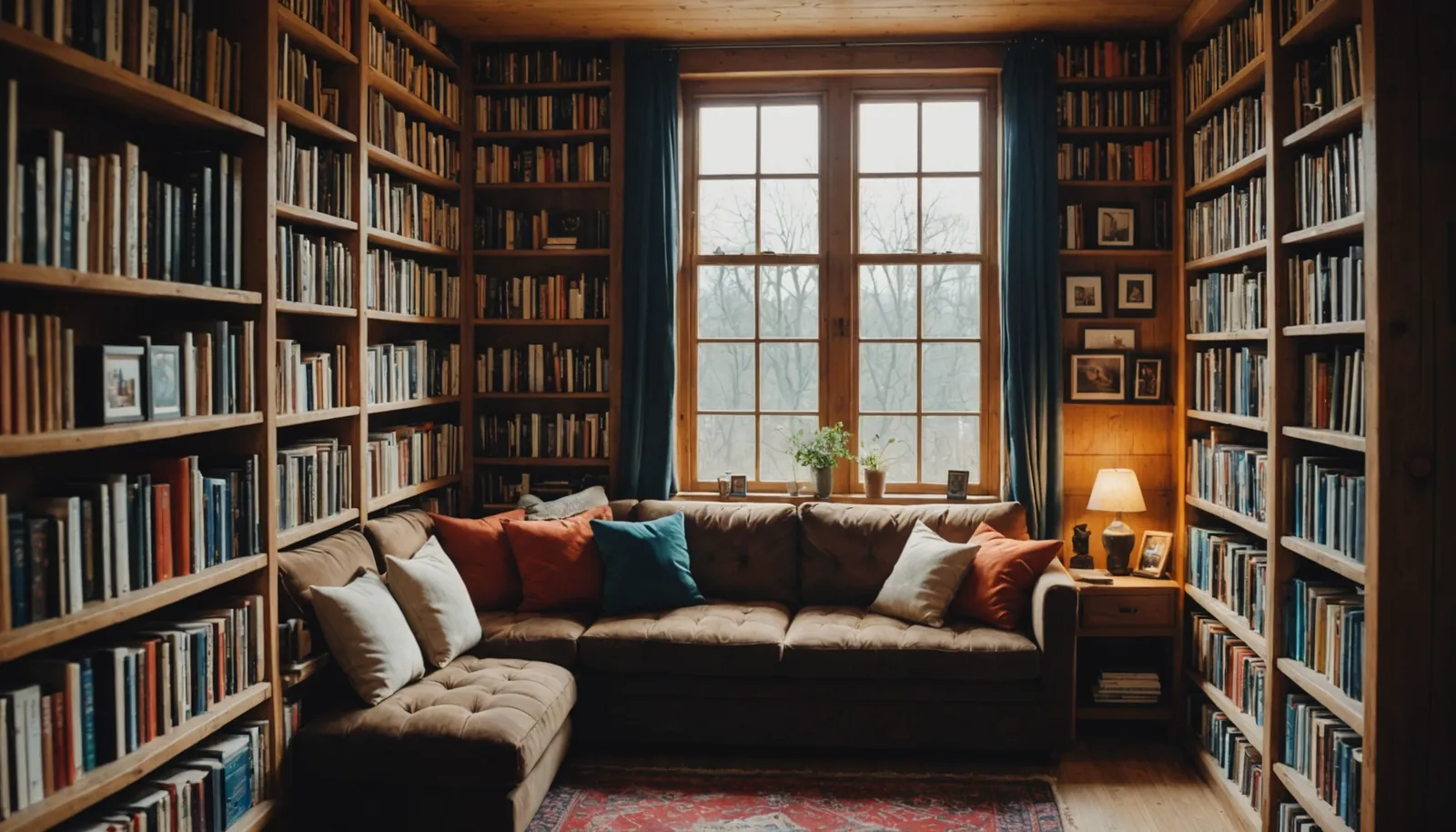 Eye-level view of a cozy reading nook filled with books