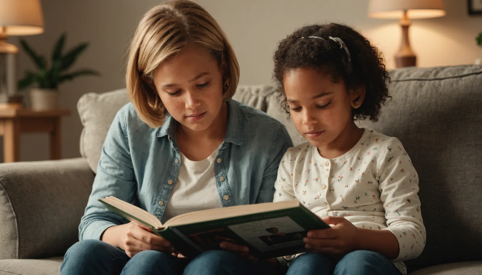 Close-up view of a parent reading a book to a child