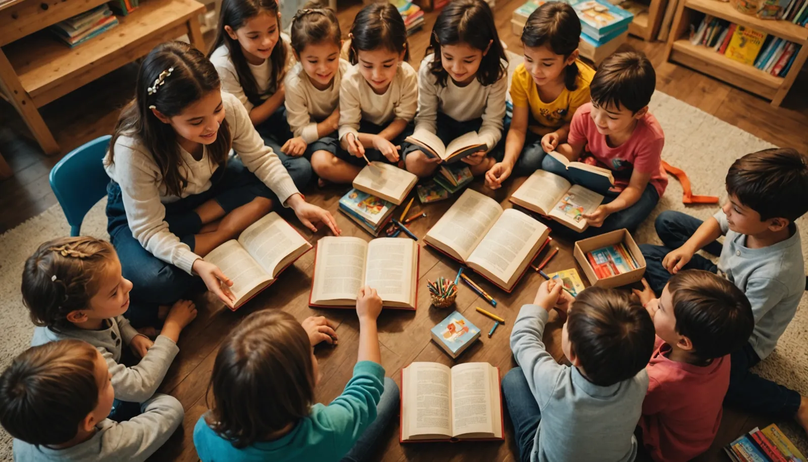 High angle view of children celebrating a reading event with books and decorations
