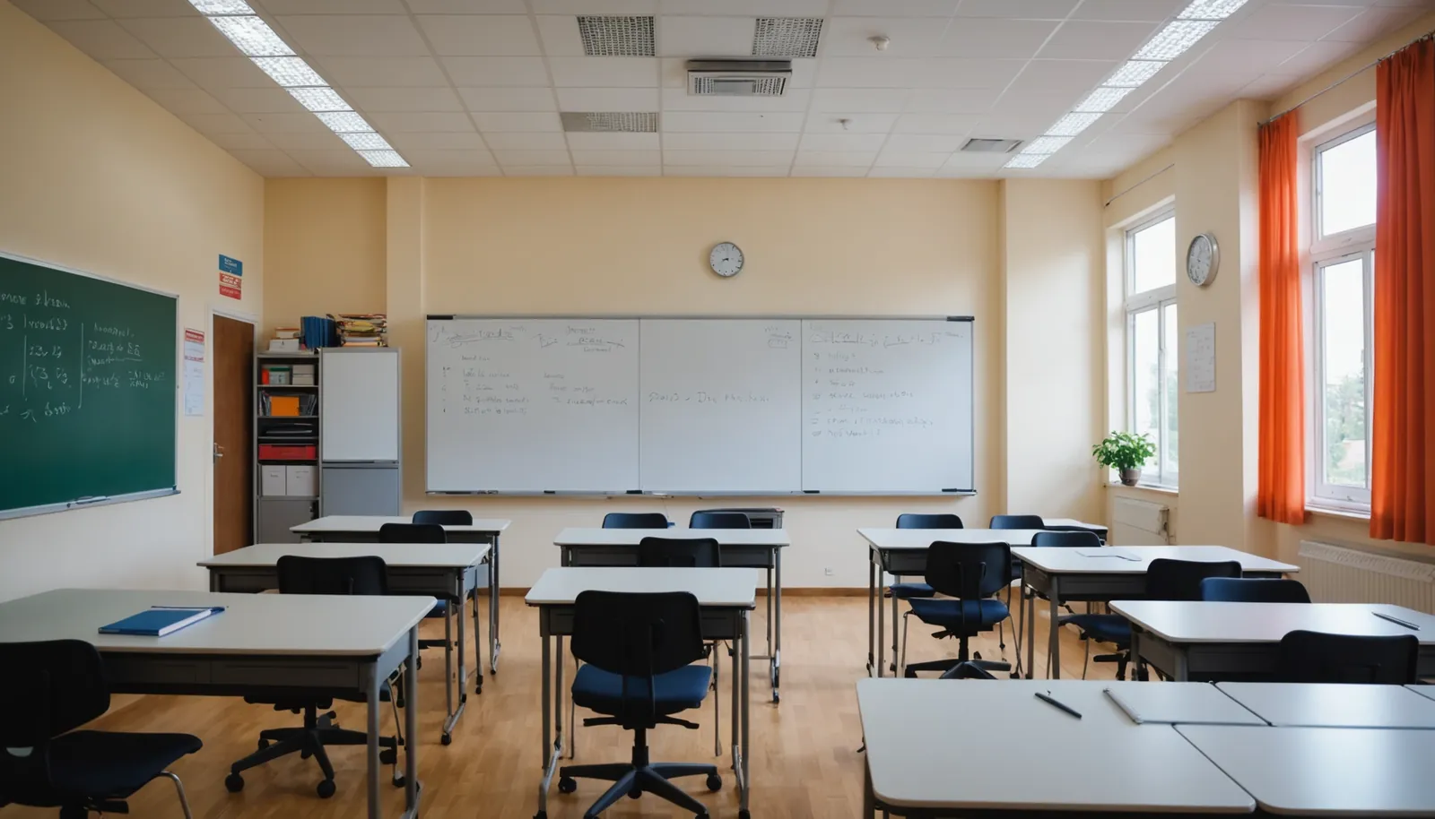 Wide angle view of a classroom with an interactive whiteboard