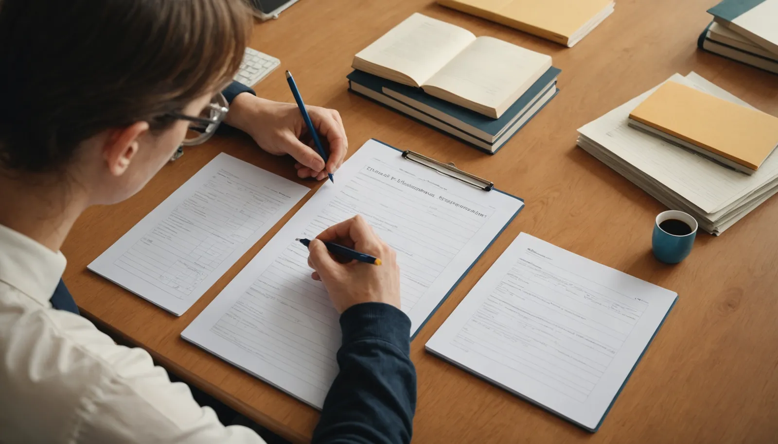 High angle view of a teacher grading student assignments at a desk