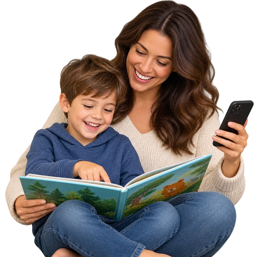 A parent reading a book with two young children