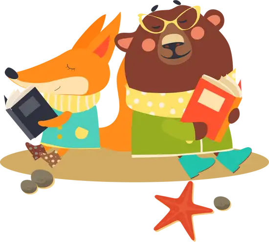 A fox and a bear in sunglasses reading books on the beach